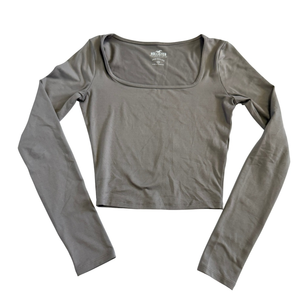 Hollister Must-Have Collection Square Neck Long Sleeve Crop Top Taupe XXS